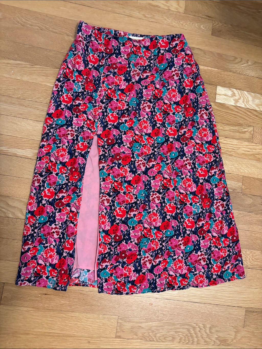 Anthropologie Pink & Red Floral Midi Skirt With Front Split